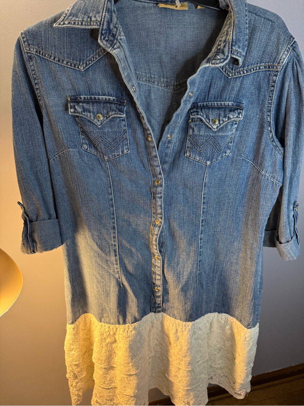 WRANGLER Medium Denim Shirt Dress with Cream Lace Hem